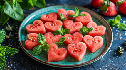 Watermelon slices creatively cut into heart shapes