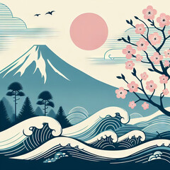 Illustration of mount Fuji and the cherry blossom in Japan