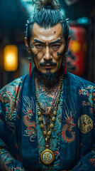 Fototapeta na wymiar A Mature Japanese Gangster in Traditional Attire. Yakuza Portrait