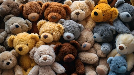 large group of teddy bears sitting together in a pile together, all with different colored faces and noses, toy