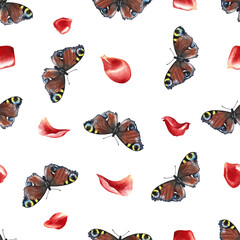 Seamless pattern with red rose petals and butterflies. Hand-drawn watercolor illustration. For packaging and textiles, wrapping paper, napkins, backgrounds. For tablecloths, wallpaper and printing.