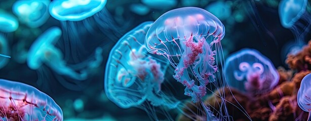 Jellyfish swimming in an aquarium, underwater animals in neon colors in the sea.
