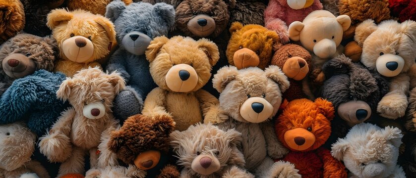 large group of teddy bears sitting together in a pile together, all with different colored faces and noses, toy