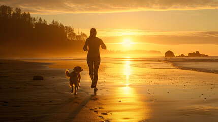A picturesque moment unfolds as a woman gracefully runs alongside her loyal furry companion on a breathtaking beach, illuminated by the warm colors of the setting sun.