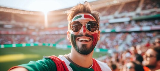 Excited portugal fan with painted face, blurry stadium background, copy space for text.