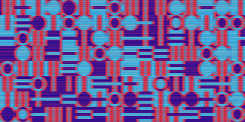 Geometric abstract background with infrared thermal color horizontal noises transition effect. Circles, squares, rectangles, lines, noise and heat-map effect. Template for your poster, cover, flyer