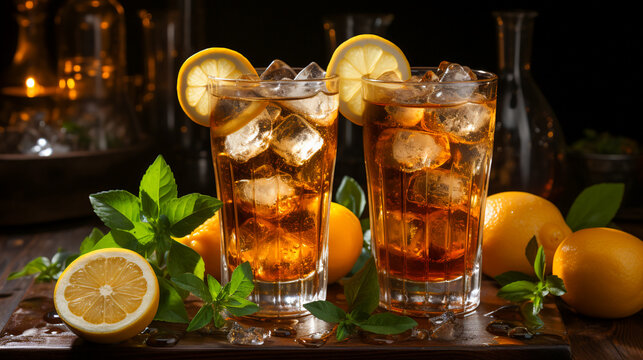 iced tea with lemon and ice in tall glasses