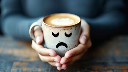 Hands holding a coffee cup with a sad face on the mug, portraying a concept of a gloomy morning - obrazy, fototapety, plakaty