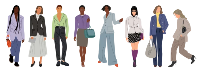 Foto op Plexiglas Modern business women collection. Vector realistic illustration of diverse multiracial standing cartoon girls in smart casual fashionable office outfit. Isolated on transparent background. © Creative_Juice_Art
