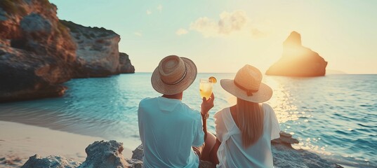 Sunny summer day couple enjoying margarita cocktails on tropical beach with text space