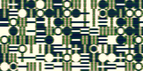 Abstract geometric design with infrared thermic color horizontal transition effect. Circles, squares, rectangles, lines, noise and heat-map effect. Template for your poster, cover, flyer, packaging