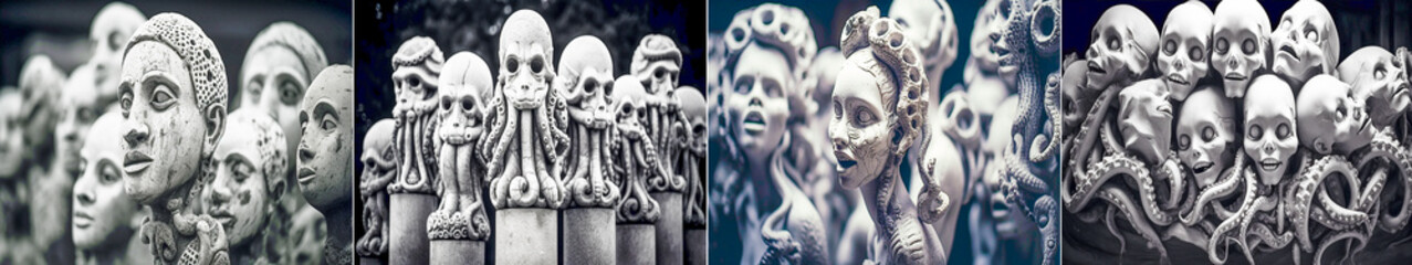 Unique and attractive head shaped statues. Creative and intricate sculptures inspired by sea creatures. Elegant black and white photographs capture the essence of the statues. - obrazy, fototapety, plakaty