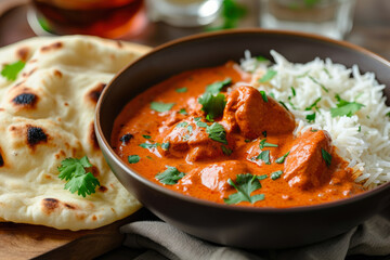bowl of butter chicken, a creamy and spicy Indian curry with tender chicken pieces, served with basmati rice and naan bread, in the style of aromatic, rich, flavorful