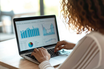 businesswoman analyzing data on her laptop, with a graph on the screen