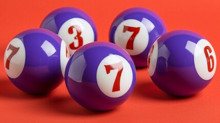 Close up of purple lottery balls with focus on lucky number 7 on pastel background