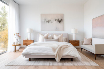 Interior of modern bedroom with white walls, wooden floor, comfortable master bed with white linens and a gold painting on the wall.