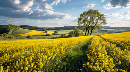 Rapeseed field landscape. Blooming mustard. Canola plants with yellow flowers. Biofuel and green renewable energy concept