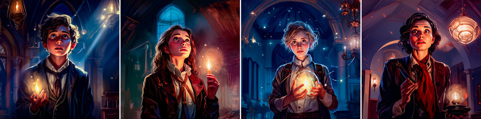 A young astrophysicist exploring a mysterious mansion holds a flashlight to navigate the darkness and unknown. Illustration with a fantasy and scary facial expression.