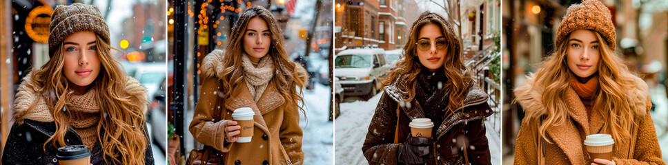 The supermodel exudes confidence and fire. It easily handles cold weather while maintaining a stylish look. Passersby can't help but stare in awe at her beauty and poise. - obrazy, fototapety, plakaty