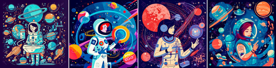 Creative illustration of a female astronaut exploring the universe. In the background there is a robot ship and various planets. Represents curiosity. study. and adventures.