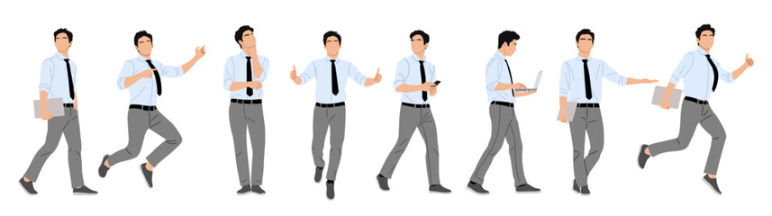 Set of Businessman character in different poses. Handsome man running, standing, walking, jumping, using phone, laptop, front, side view. Vector realistic illustration on transparent background.