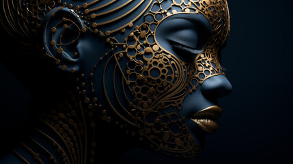 Abstraktes Portrait einer Frau mit blauer Haut und goldener Metall-Verzierung des Gesichts. Profil. Closeup. Illustration