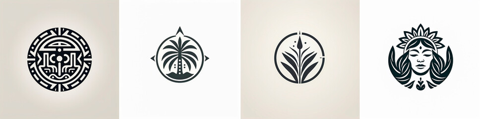 Logo design for a wellness brand with a Costa Rican tribal aesthetic. Abstract and minimalistic black and white vector graphics. Includes elements of Costa Rican tribal art and culture.
