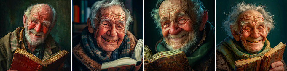 Wise and knowledgeable elderly man enjoying reading. Represents the joy of lifelong learning. An example of the wisdom that comes with age. - obrazy, fototapety, plakaty