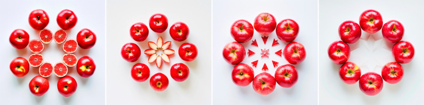 A unique and visually appealing apple arrangement design. The hexagonal shape of the snowflake adds elegance. A simple white background highlights the apples.