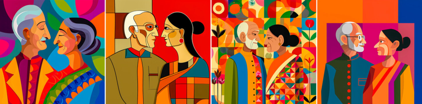 The image shows a 65-year-old Indian couple. Facial features are unclear. Ensuring anonymity. Promotes diversity and representation in graphics.