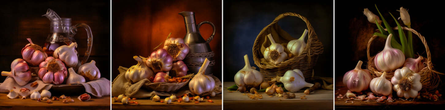 The painting depicts a still life with garlic as the main subject. It artistically showcases the beauty and detail of garlic. Through lighting, the artist captured the essence of garlic.