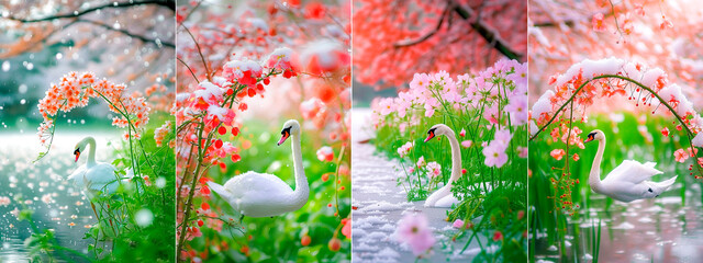 Stunning images of a swan in a snowy landscape. Photos of beautiful flowers covered in heavy snowfall. Capture the beauty of winter nature. . - obrazy, fototapety, plakaty