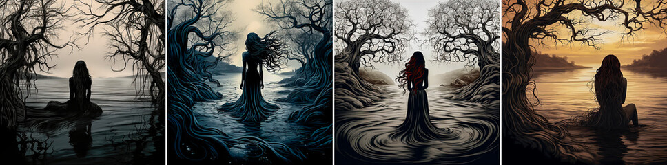 The illustration shows a beautiful woman with long flowing hair. Flowing hair turns into a river and a winding tree. The illustration is made in black and melancholic colors. Causes sadness. - obrazy, fototapety, plakaty