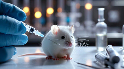 A researcher injects a drug into an experimental mouse. A hand in a blue glove holding a syringe and a white rat sitting on the table. Testing cosmetics and medicine on animals concept