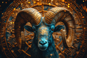 Aries zodiac sign against horoscope wheel. Astrology calendar. Esoteric horoscope and fortune telling concept.