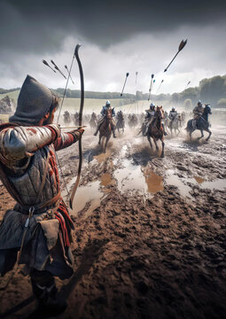 Dramatic  portrait view of medieval English archer firing arrows at charging French knights on the muddy battlefield at  Agincourt