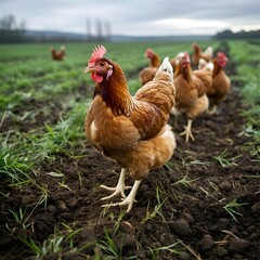 Fototapeta premium a group of chickens standing next to each other on a field of grass and dirt with one of them looking at the camera