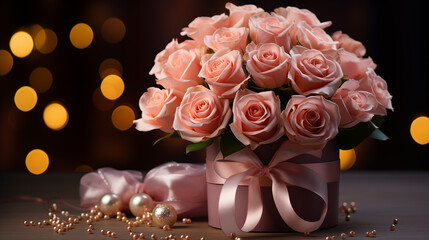 Bouquet of beautiful roses on the blurred background