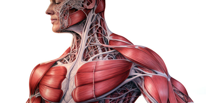 Human muscle anatomy of the face neck and chest. Realistic medical illustration isolated on a white background