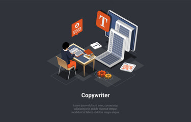 Concept Of Copywriter Job. Man Or AI At The Desk Reading Book. Person Editor Writes Electronic Text Book, Letter Or Journal Sitting In Front Of Huge Monitor. Isometric 3D Cartoon Vector Illustration