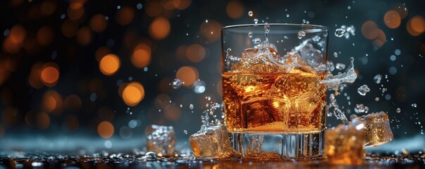A banner with a glass of whiskey with ice from which splashes and pieces of ice dynamically fly off on a blurred background with bokeh and space for text