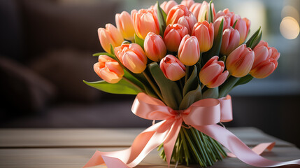 Bouquet of beautiful pink, yellow and orange tulips on the blurred background