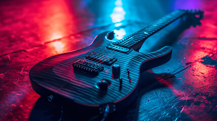 An exquisite electric guitar mockup displayed on a captivating stage, highlighting its exceptional design and meticulous craftsmanship, ensuring an unparalleled musical experience for discer