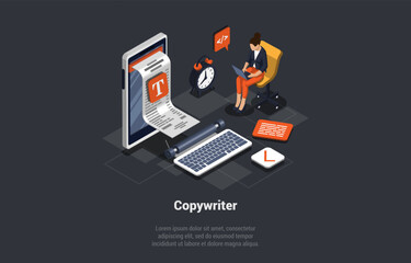 Content Writer, Blogger or Bullet Journal, Publishing Editor or Writing Article Online, Copywriter For Advertising, Freelance Journalist. Woman Typing Text On Laptop. Isometric 3D Vector Illustration