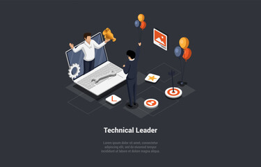 Concept Of Creative Teamwork And Technical Leader. Successful Man Team Leader On Laptop Screen With Hands Up Is Holding Gold Cup. Man Leads Team to Success. Isometric 3d Cartoon Vector Illustration