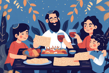 Happy Jewish family celebrated Pesach Seder. Passover celebration Illustration
