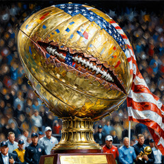 America Football Glory: Illustration concept of an abstract Football Ball Trophy in a Stadium, accompanied by the Proud American Flag, Glittering Golden Trophy, Majestic  American Football - obrazy, fototapety, plakaty
