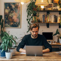 Junger attraktiver Mann sitzt am Computer