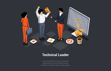 Teamwork Cooperate Together To Achieve Target, Leadership To Build Team, Career Development, Businessman Leader Holding Cup In Hand Standing Near Screen With Bulb. Isometric 3d Vector Illustration