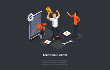 Teamwork Cooperate Together To Achieve Target, Woman Leader Builds Team, Career Development, Businessman Holding Cup In Hand Standing Near Tablet With Increase Chart. Isometric 3d Vector Illustration